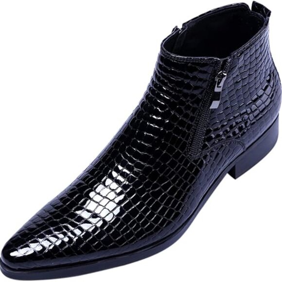 Santimon Men's US 7 - 11 Black Alligator Patent Leather Zipper Ankle Boots - Picture 1 of 9